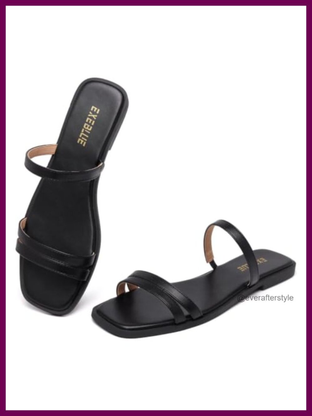 Women's Two Strap Square Toe Slide Sandals Faux Leather Flat